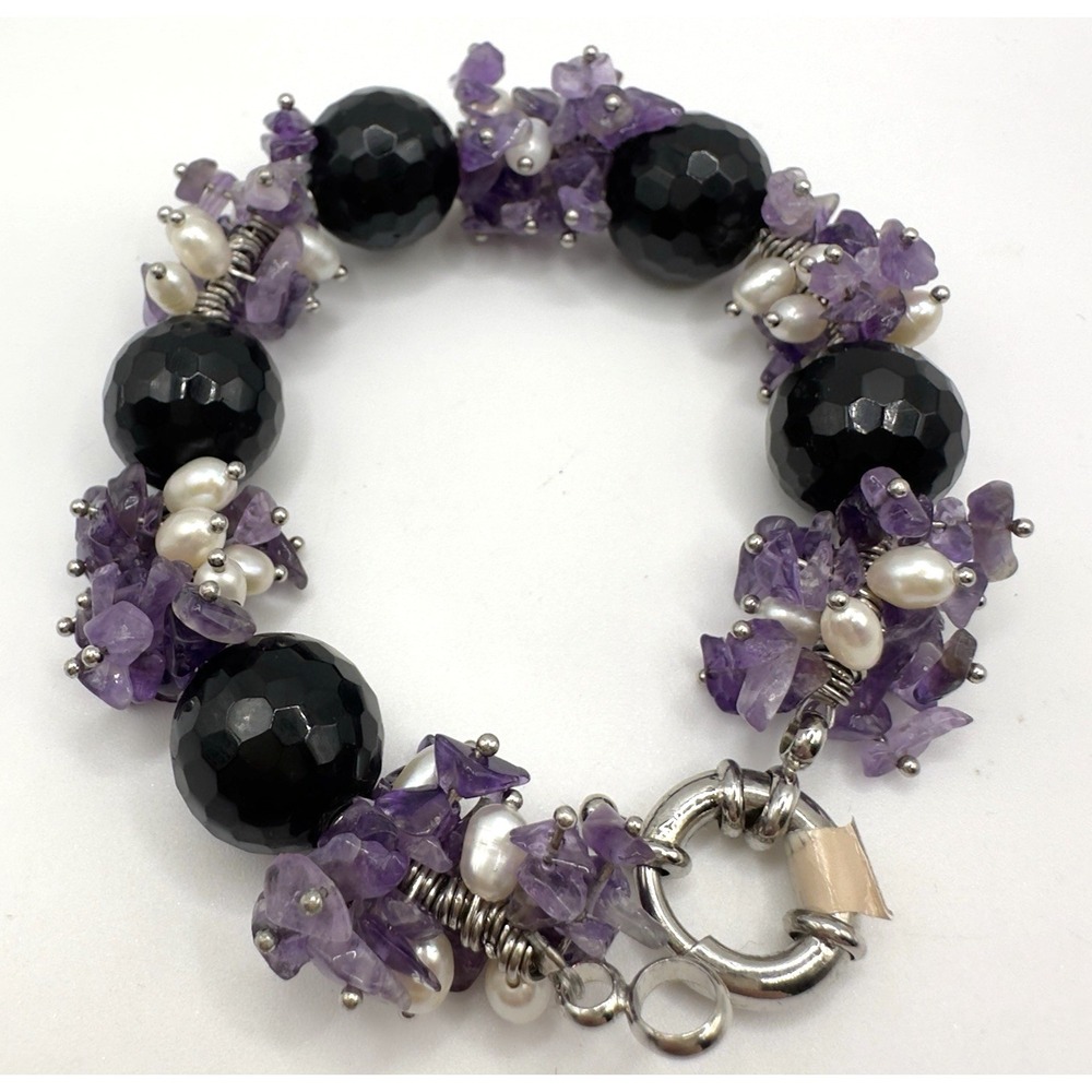 Cha Cha Bracelet Amethyst Chips Freshwater Pearls Faceted Purple Glass Beads 6.5